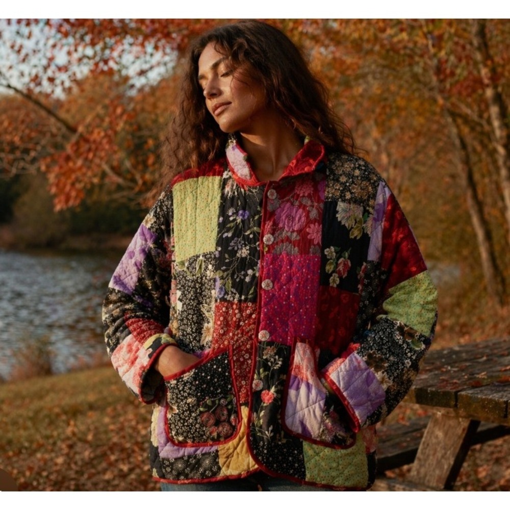 Endless Options Womens 2X Reversible Quilted Jacket Floral Patchwork Red Rayon